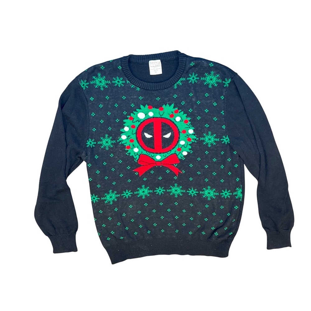 Marvel Deadpool Christmas Wreath Ugly Holiday Sweater Mens 2XL Black Knit